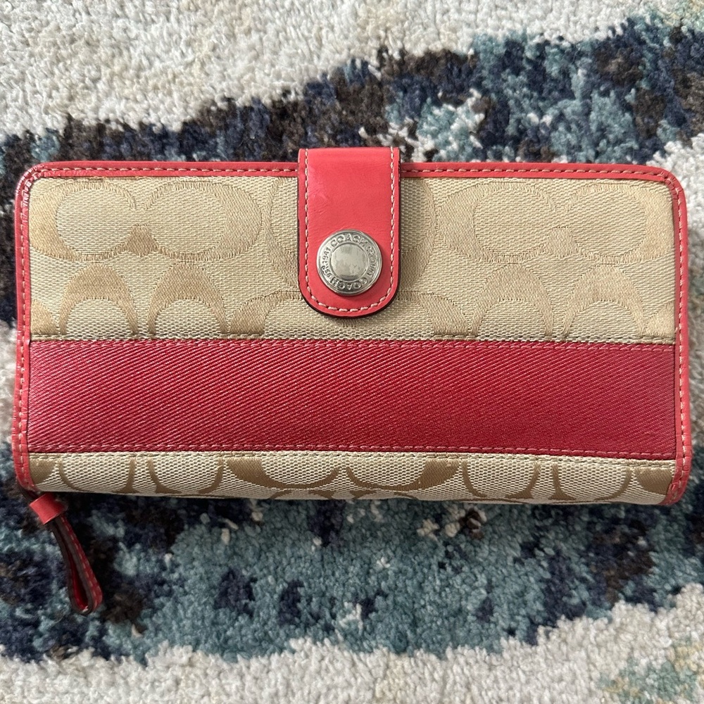 Coach Signature Coral Khaki Long Zipper Wallet Zip